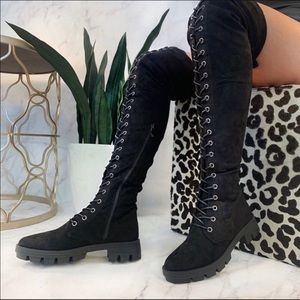New!Vegan Suade Black Over The Knee lace up boots